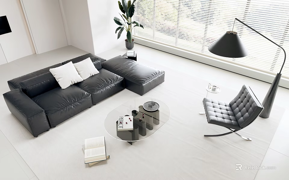 Modern Black Leather Sofa and Glass Coffee Table with Leather Chair Plant and Large Windows 3d model 