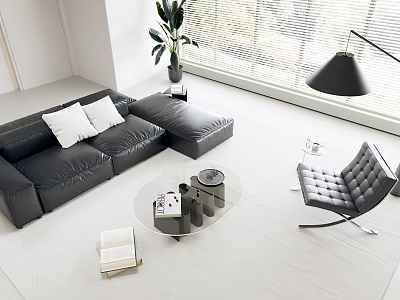 Modern Black Leather Sofa and Glass Coffee Table with Leather Chair Plant and Large Windows 3d model
