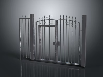 Modern Metal Entrance Gate With Double Door Spiked Top Design And Side Posts 3d model