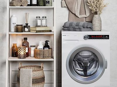 Laundry Room Setup With Washing Machine And Daily Essentials On Storage Shelf 3d model