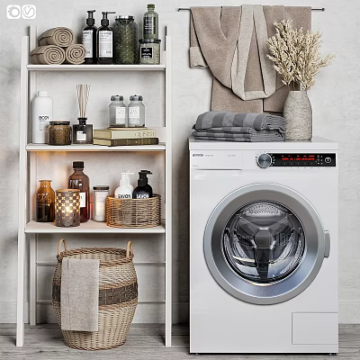 Laundry Room Setup With Washing Machine And Daily Essentials On Storage Shelf 3d model