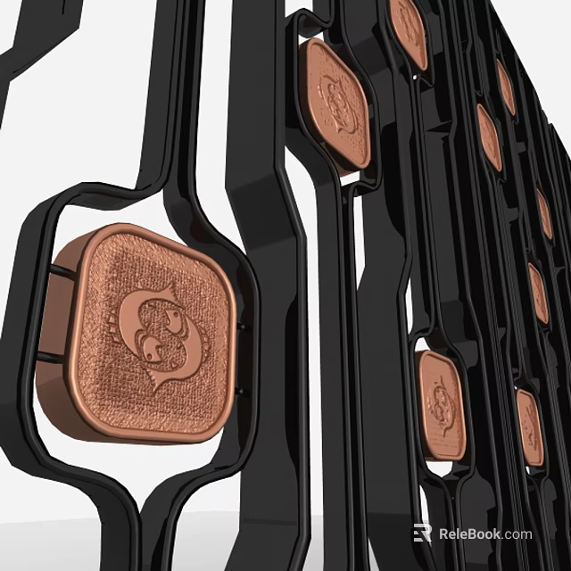 Ornate Decorative Gate With Black Frame And Copper Carved Panels Featuring Intricate Patterns 3d model 