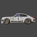 Vintage Porsche Race Car with White Body Red Hood Number 1 and Sponsor Logos