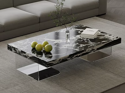 Modern Coffee Table With Black White Marble Top Transparent Legs Green Apples Vase And Book 3d model