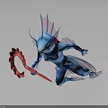 Fantasy Character Mythical Creature With Blue Pink Body Holding Red Staff In Dynamic Stance