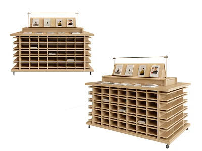 Wooden Bookcase With Multiple Small Shelves And Display Items On Top With Wheels 3d model