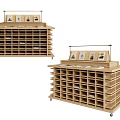 Wooden Bookcase With Multiple Small Shelves And Display Items On Top With Wheels