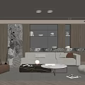 Modern Living Room Interior With Beige Sofa Coffee Table Bookshelf And Marble Accent Wall