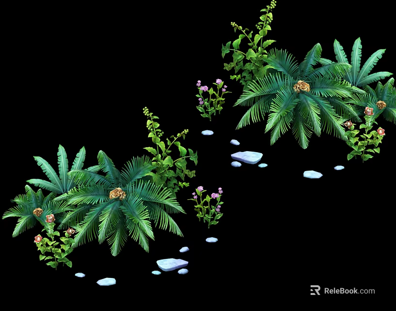 Lush Green Ferns And Purple Flowers With Small Stones In Natural Garden 3d model 
