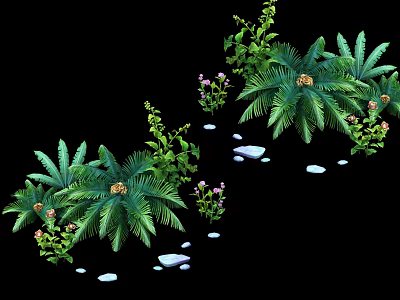Lush Green Ferns And Purple Flowers With Small Stones In Natural Garden 3d model