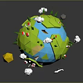 Low Poly 3D Earth Model With Green Land Blue Ocean Clouds Sun Flags And Trees 3d model