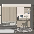 Modern Tatami Bedroom Interior With Bed Desk Chair Table Lamp And Wooden Cabinets