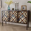 Decorative Wooden Partition Cabinet With Blue White Brown Geometric Pattern Panels 3d model