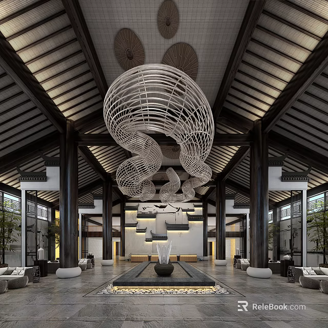 Traditional Chinese Hotel Lobby Interior With Woven Spiral Pendant Lights Wooden Beams And Seating Area 3d model 