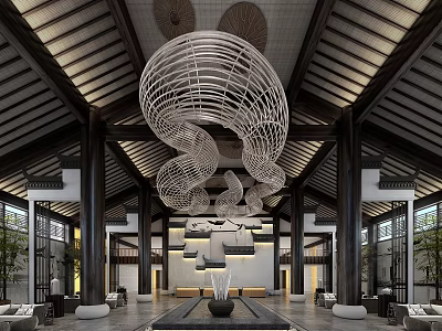 Traditional Chinese Hotel Lobby Interior With Woven Spiral Pendant Lights Wooden Beams And Seating Area 3d model