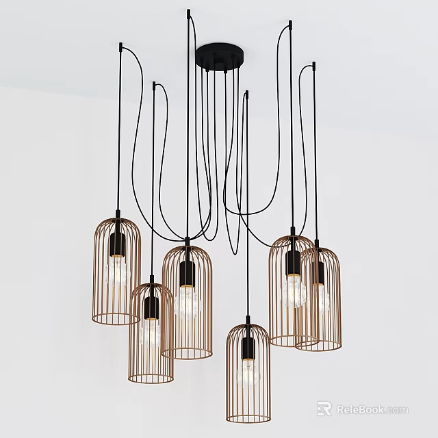 Modern Multiple Hanging Pendant Lights With Caged Metal Frame For Interior Decor 3d model 