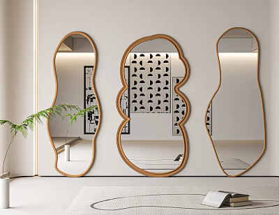 Three Unique Shaped Mirrors with Wooden Frames in Modern Living Room Wall Decor 3d model
