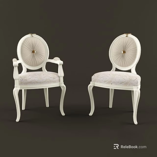 Elegant White Single Chair With Round Backrest Armrest Decorative Gold Button And Patterned Fabric Seat 3d model 