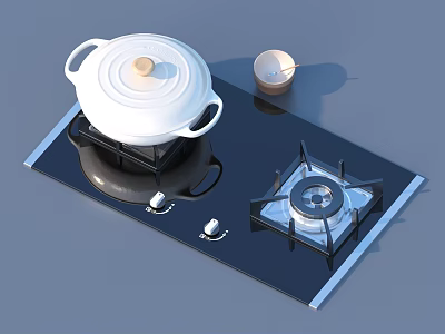 Gas Stove With White Pot Wooden Lid And Small Bowl On Black Glass Top 3d model
