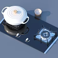 Gas Stove With White Pot Wooden Lid And Small Bowl On Black Glass Top