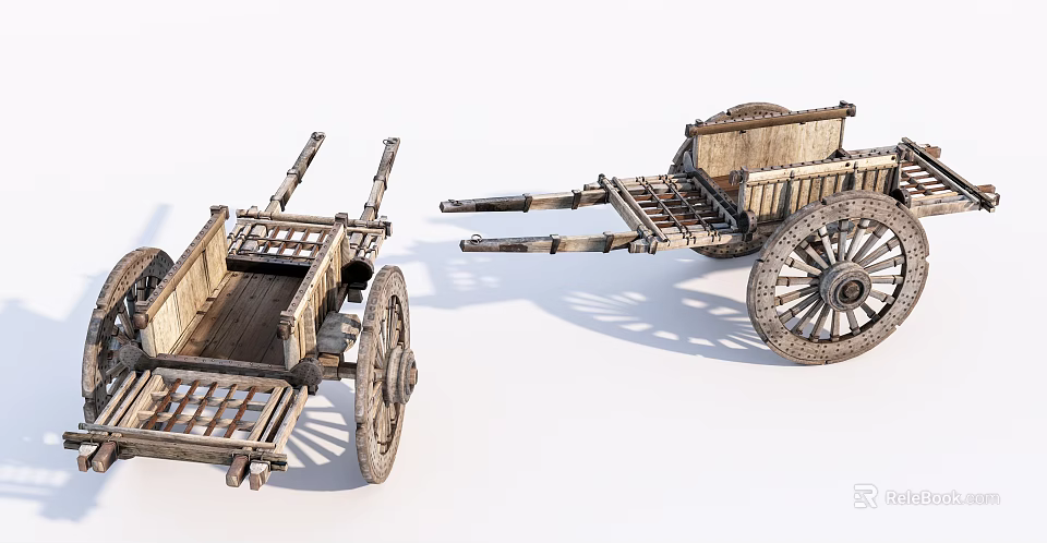 Two Vintage Wooden Carts with Spoked Wheels and Open Frames 3d model
