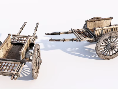 Two Vintage Wooden Carts with Spoked Wheels and Open Frames 3d model