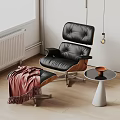 Modern Black Leather Lounge Chair With Ottoman Pink Blanket And Wooden Armrests