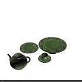 Green Ceramic Dinnerware Set With Red Floral Pattern Pedestal Platter Teapot Cup Saucer And Plate