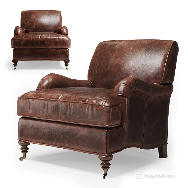 Classic Brown Leather Lounge Chair With Tufted Design And Wheeled Legs 3d model 