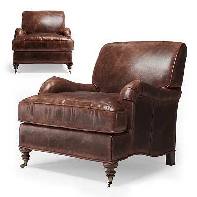 Classic Brown Leather Lounge Chair With Tufted Design And Wheeled Legs 3d model