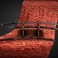 Traditional Japanese Swords Displayed On Wooden Stand With Red Gold Patterned Background