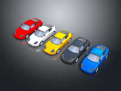 Five Colorful Toy Cars in Red White Yellow Gray and Blue Lined Up 3d model