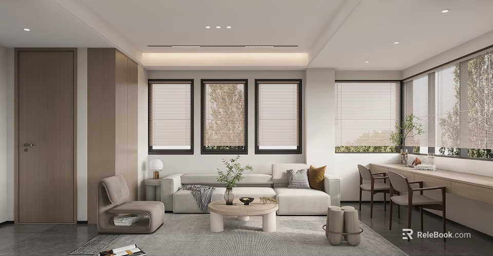 Modern Living Room Interior Design with Light Sofa Armchair Coffee Table Window Blinds and Plants 3d model 