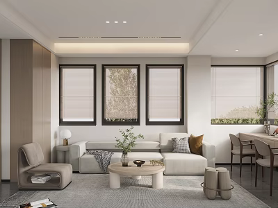 Modern Living Room Interior Design with Light Sofa Armchair Coffee Table Window Blinds and Plants 3d model