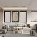 Modern Living Room Interior Design with Light Sofa Armchair Coffee Table Window Blinds and Plants