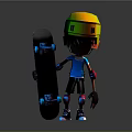 Colorful Cartoon Character Wearing Yellow Green Helmet Holding Black Skateboard On Gray Background
