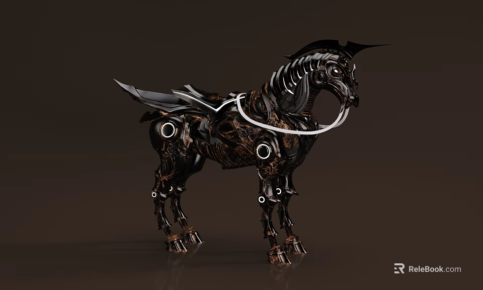 Mechanical Horse With Dark Metallic Structure Gears And Saddle 3d model 
