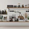 Modern Kitchen Utensils Display on Open Shelf with Mugs Teapot Jars Cutting Boards and Plants