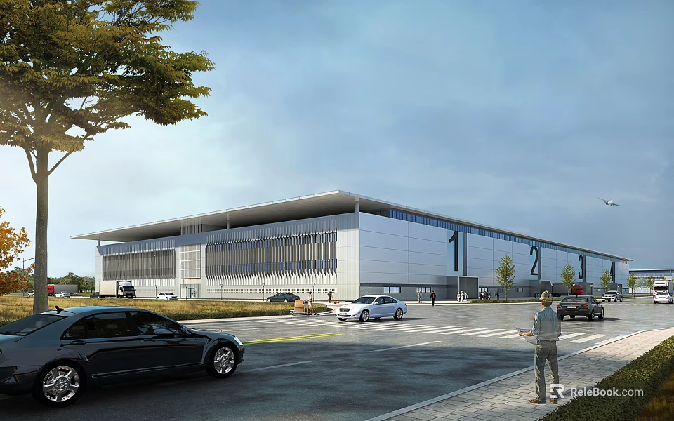 Modern Industrial Factory Building With 1 2 Markings Large Parking Area Cars And Green Trees 3d model 