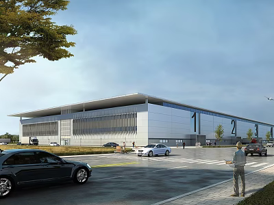 Modern Industrial Factory Building With 1 2 Markings Large Parking Area Cars And Green Trees 3d model