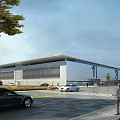 Modern Industrial Factory Building With 1 2 Markings Large Parking Area Cars And Green Trees