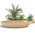 Natural Wooden Outdoor Chair With Curved Planks And Palm Plants For Garden Setting