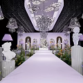 Elegant Banquet Hall Interior With Chandeliers Sunflowers White Aisle Tables And Chairs
