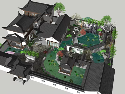 Ancient Chinese Architecture with Black Tiled Roofs Courtyard Garden Rockery Pond and Pavilion 3d model