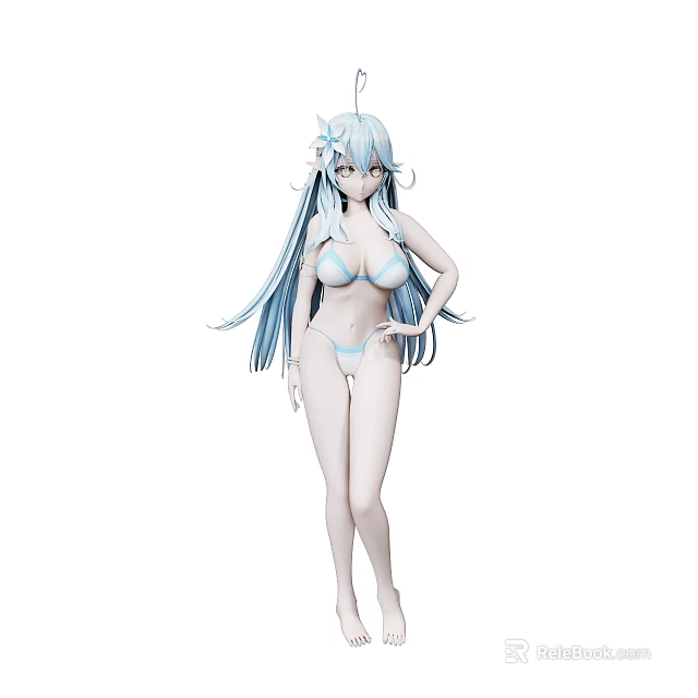 Woman with Long Blue Hair Wearing Blue Bikini and Hair Accessories in Standing Pose 3d model 