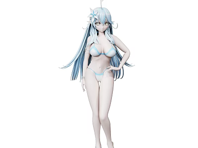 Woman with Long Blue Hair Wearing Blue Bikini and Hair Accessories in Standing Pose 3d model