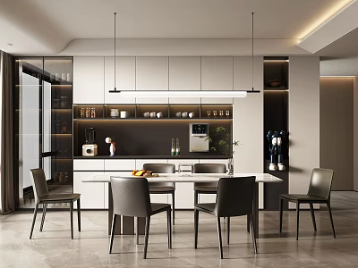 Modern Restaurant Interior With Open Kitchen Dining Table Chairs White Cabinets And Hanging Lights 3d model