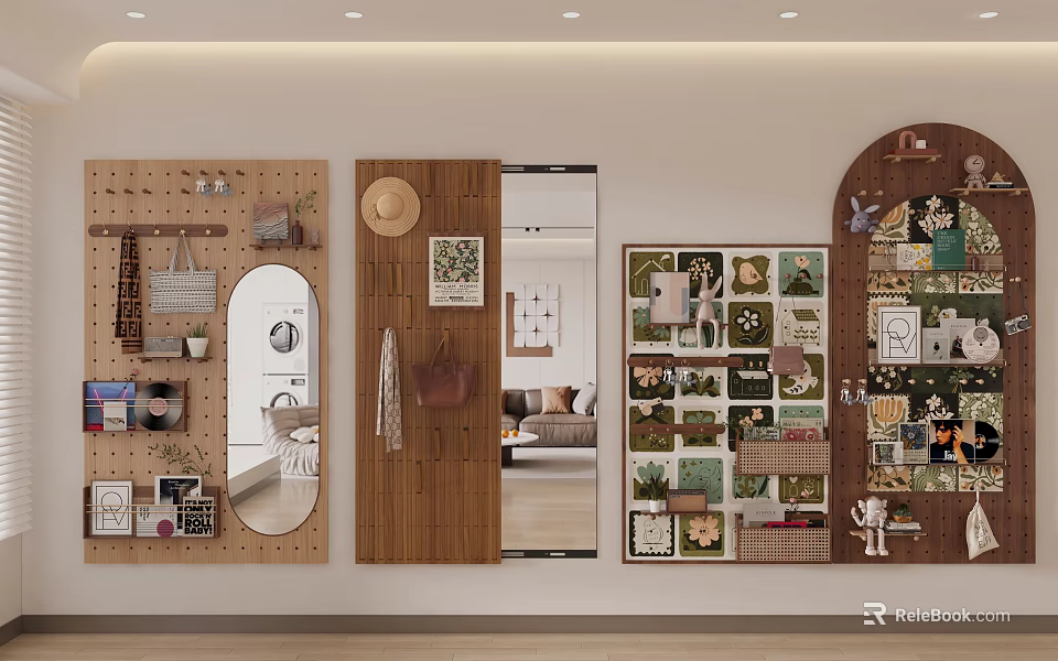 Wooden Pegboard Wall Hanging Decorations With Bags Hats Photos And Small Ornaments 3d model 