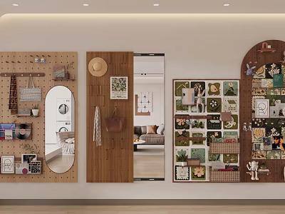 Wooden Pegboard Wall Hanging Decorations With Bags Hats Photos And Small Ornaments 3d model
