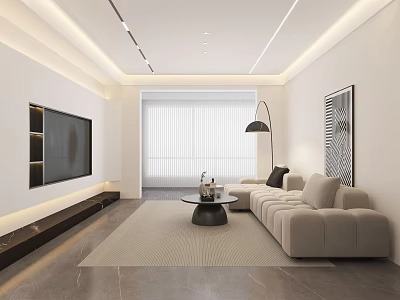 Modern Living And Dining Room Interior Design With Beige Sofa TV Wall And Floor Lamp 3d model